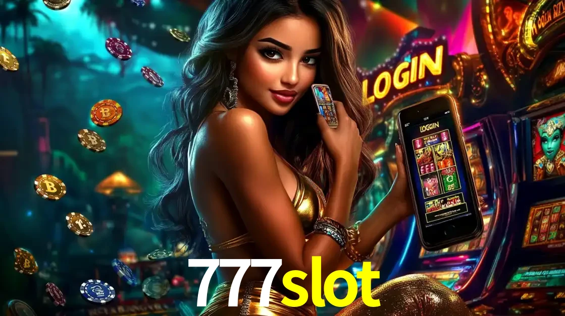 Mulher em um cenário de cassino temático de aventura, mostrando o app de caça-níqueis da 777slot no celular. Fichas de apostas flutuam ao redor.