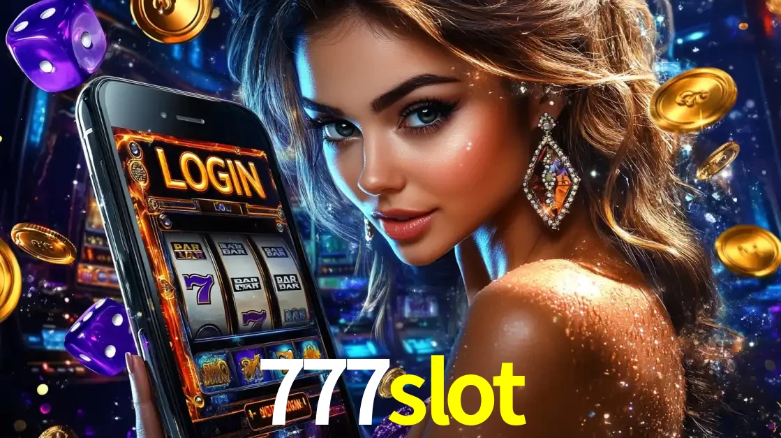 Mulher glamorosa segurando um smartphone com a tela de login para os jogos de caça-níqueis do cassino online 777slot, com moedas de ouro e dados ao redor.