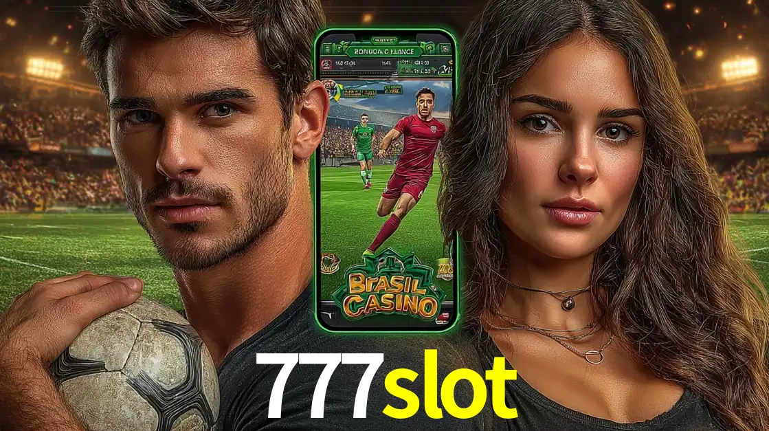 Homem segurando uma bola de futebol e uma mulher ao lado de um smartphone exibindo o jogo de apostas esportivas da 777slot. Faça seu palpite no cassino online.